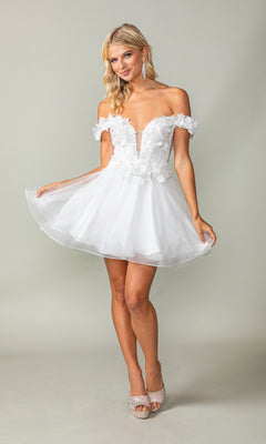A woman poses against a plain light background in the Off-the-Shoulder Short Babydoll Hoco Dress 3344, featuring off-the-shoulder sleeves, sheer details, and delicate floral appliqués.