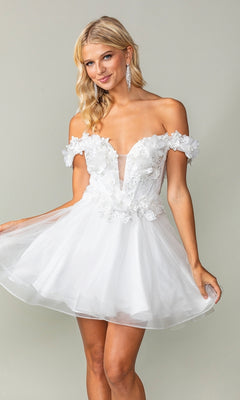 A woman poses against a plain light background wearing the Off-the-Shoulder Short Babydoll Hoco Dress 3344, featuring floral appliqués, a tulle skirt, and an off-the-shoulder neckline.
