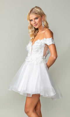 A woman poses against a plain light background wearing the Off-the-Shoulder Short Babydoll Hoco Dress 3344, featuring floral appliqués and off-shoulder sleeves.