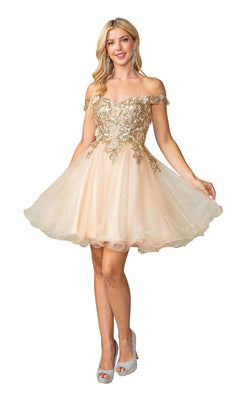 A woman models the Off-Shoulder Short Hoco Dress: Dancing Queen 3349, a champagne babydoll party dress with a floral corset and silver heels, posing against a white background.