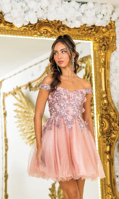Off-Shoulder Short Babydoll Homecoming Dress with Beads Champagne / XSmall Off-Shoulder Short Babydoll Homecoming Dress with Beads Champagne / XSmall