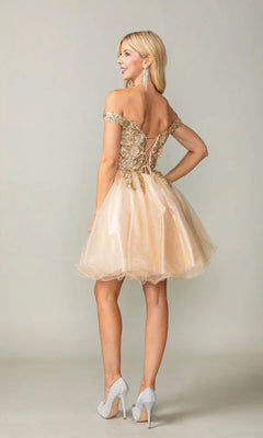 A woman faces away, wearing the Off-Shoulder Short Hoco Dress: Dancing Queen 3349—a gold lace and tulle babydoll dress with an off-the-shoulder neckline, lace-up back, silver heels, and long earrings.