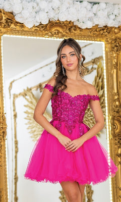 Off-Shoulder Short Babydoll Homecoming Dress with Beads Fuchsia / 2XLarge Off-Shoulder Short Babydoll Homecoming Dress with Beads Fuchsia / 2XLarge