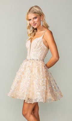 A woman poses against a plain background in the Three-D Short Butterfly Homecoming Dress 3350, a sleeveless light beige party dress with floral patterns and a corset-style bodice.