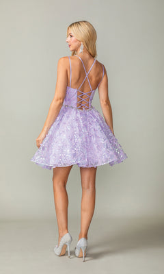 A woman in the Three-D Short Butterfly Homecoming Dress 3350—light purple, glittery, with a corset-style bodice and spaghetti straps—stands facing away from the camera in silver high heels against a plain background.