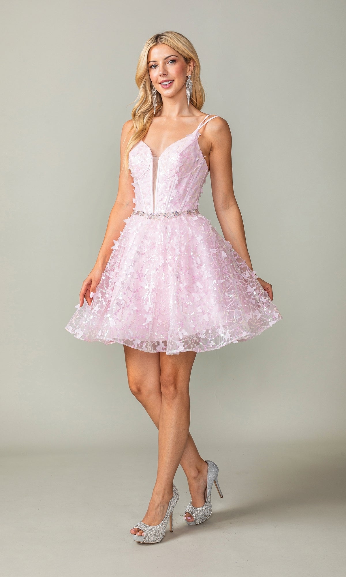 Lace-Up Short A-Line Homecoming Dress with Butterflies Champagne / Small