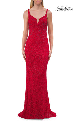 A woman wearing the La Femme 33519 long prom dress in red—a fitted, floor-length lace gown with thin shoulder straps, a subtle V-neckline, and an elegant open-back design—is photographed against a white background.