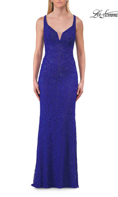 A woman wearing the La Femme 33519 long prom dress in royal blue, featuring a sleeveless, floor-length fitted design with a V-neckline, subtle sequin accents, and an elegant open-back silhouette.