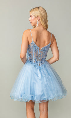 A woman models the Sheer-Corset Short Babydoll Hoco Dress 3351, featuring light blue fabric, floral embroidery, and a sheer lace-up back, standing against a plain background.