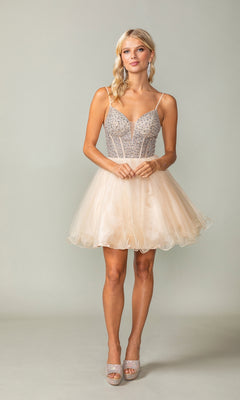 A woman poses in a studio wearing the Beaded Corset Short A-Line Homecoming Dress 3353, featuring a beaded corset bodice and spaghetti straps, styled with open-toe heels.