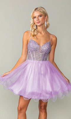 A woman models the Beaded Corset Short A-Line Homecoming Dress 3353 in lilac, featuring a beaded corset bodice and flared tulle skirt, standing against a plain background.