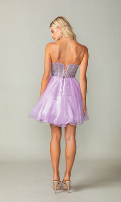 A woman stands facing away in the Beaded Corset Short A-Line Homecoming Dress 3353, a light purple dress with spaghetti straps, a glittery beaded corset-style bodice, and high-heeled shoes.