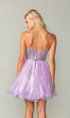 A blonde woman models the Beaded Corset Short A-Line Homecoming Dress 3353 in light purple, featuring thin straps, a lace-up back, and a sparkling beaded corset bodice against a plain background.