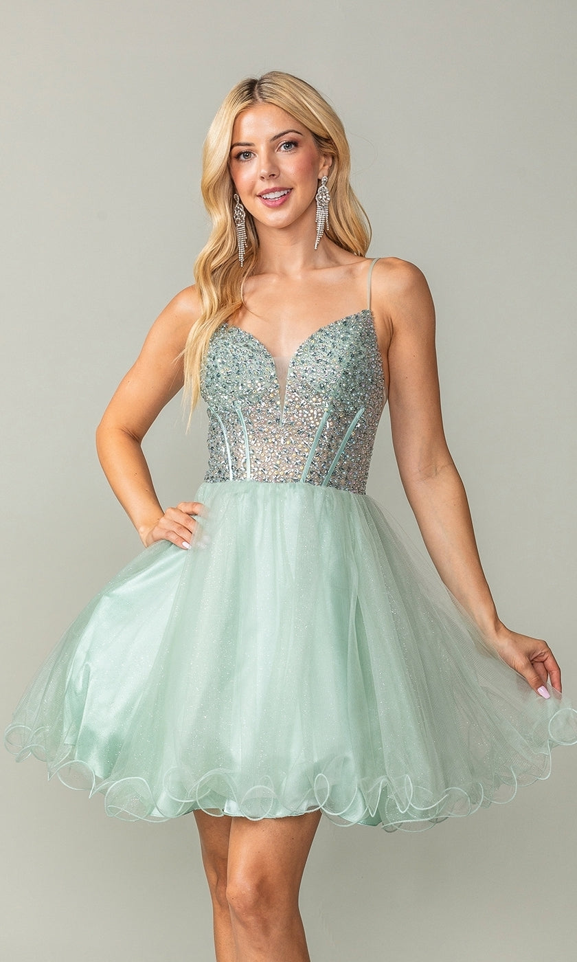 Short A-Line Homecoming Dress with Beaded Corset