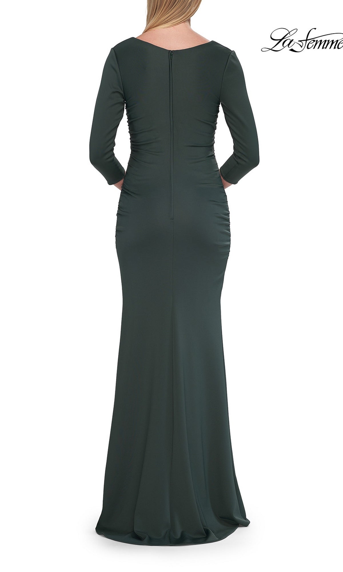 A woman wearing the La Femme 33540 three-quarter-sleeve formal gown in a floor-length dark green design, shown from the back with a fitted silhouette and ruched detailing—an elegant option for mothers of the bride seeking a sophisticated long formal dress.