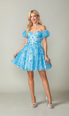 Off-Shoulder Short Glitter Hoco Dress with Sleeves PromGirl Off-Shoulder Short Glitter Hoco Dress with Sleeves PromGirl