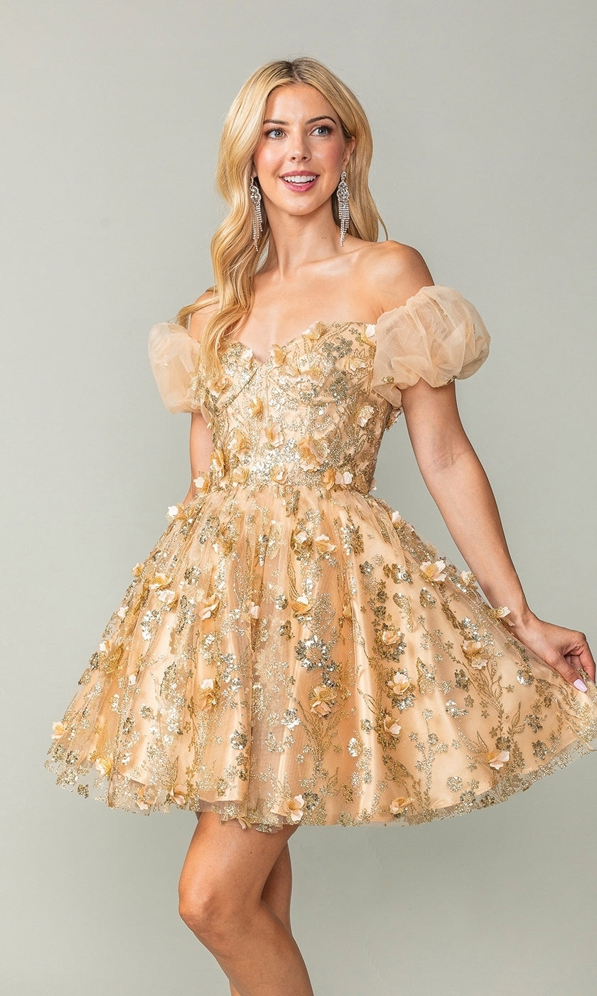 Off-Shoulder Short Glitter Hoco Dress with Sleeves