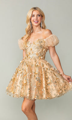 Off-Shoulder Short Glitter Hoco Dress with Sleeves PromGirl
