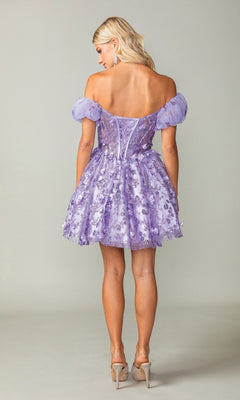 A woman stands facing away, wearing the Short Sleeve Short Glitter Homecoming Dress 3355 with puff sleeves and clear high heels.