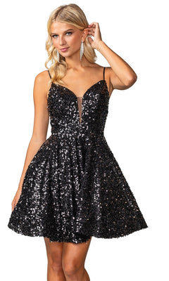 Woman wearing the Short Sequin A-Line Homecoming Dress 3356—a sleeveless, V-neck black dress with thin straps and a flared skirt—stands with one hand touching her hair.