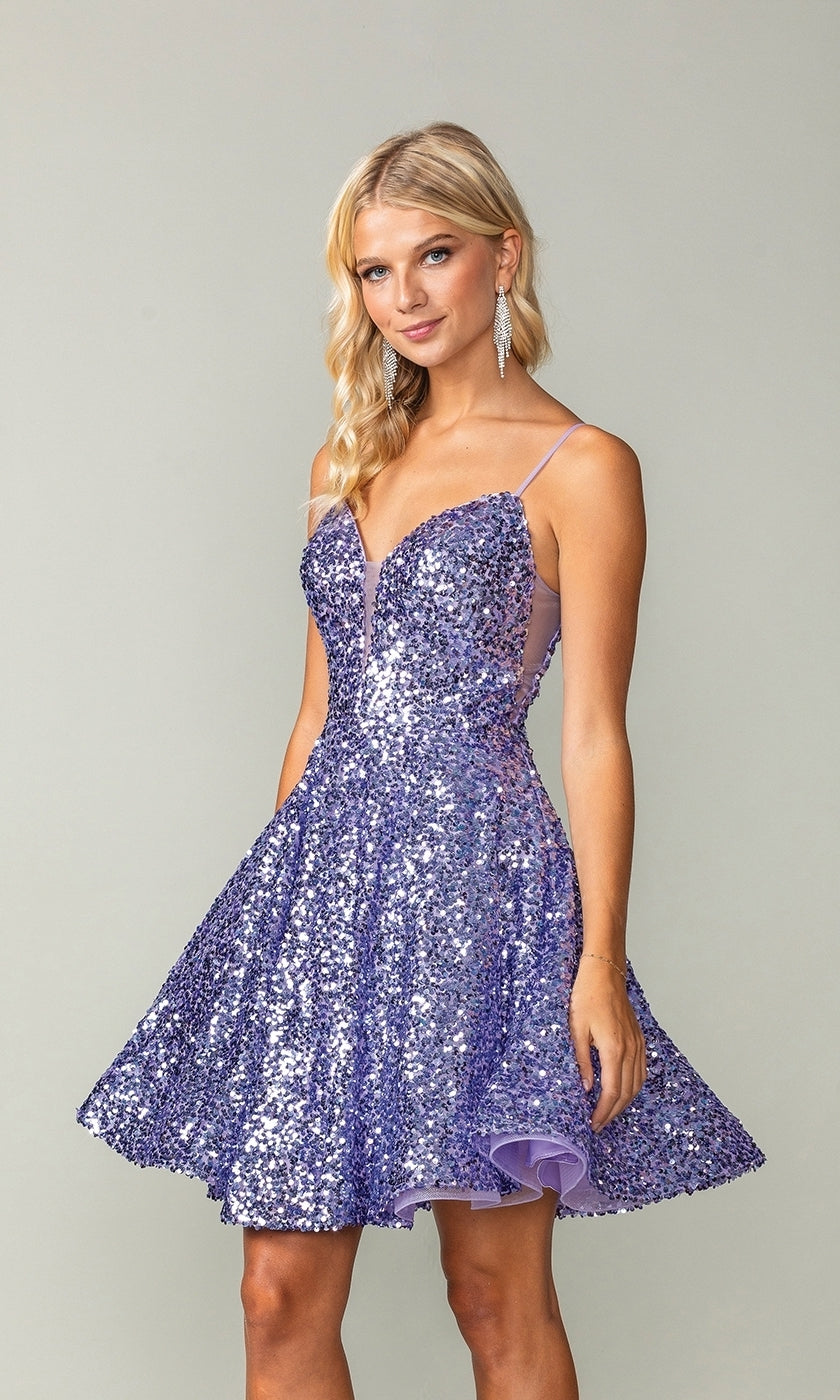 Model wearing the Short Sequin A-Line Homecoming Dress 3356, a sleeveless lavender dress with thin straps, posed against a plain gray background.