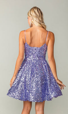 A blonde woman wears the Short Sequin A-Line Homecoming Dress 3356, featuring thin straps and an open back, standing against a plain background.