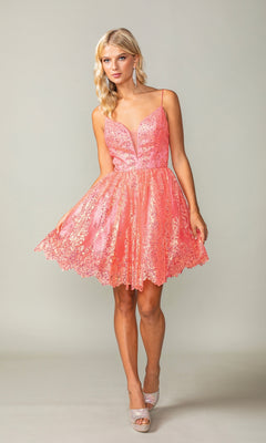 Woman wearing the Scallop Hem Short Glitter Homecoming Dress 3358, a sleeveless pink party dress with spaghetti straps, flared skirt, and scalloped hem, standing against a plain light background.