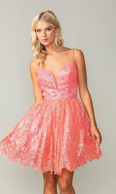 A woman wears the Scallop Hem Short Glitter Homecoming Dress 3358—an affordable sleeveless pink sequin mini dress with thin straps and a flared skirt—while standing against a plain light background.