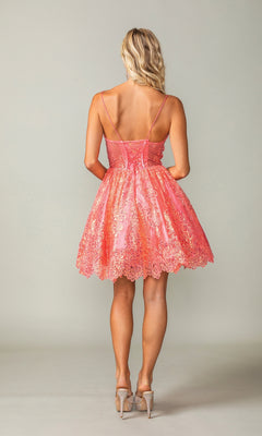 A woman stands facing away in the Scallop Hem Short Glitter Homecoming Dress 3358—pink lace, spaghetti straps, and high heels—set against a plain light background.