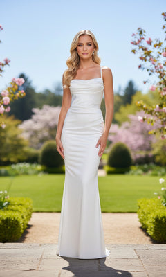 A woman wearing the Strappy-Back Long Satin Prom Dress La Femme 33604 in white stands outdoors in a landscaped garden with blooming trees and greenery in the background.