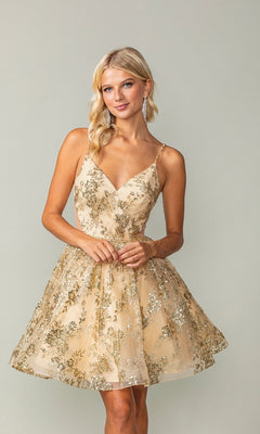 A woman models the Short A-Line Glitter-Print Homecoming Dress 3360, featuring gold and silver sequins, a sleeveless design, and a flared skirt, as she stands against a plain light background.