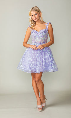 A woman wearing the Sparkly Short Butterfly Homecoming Dress 3361 with a flared skirt and silver high heels stands against a plain gray background.