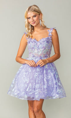 A woman wears the Sparkly Short Butterfly Homecoming Dress 3361, an affordable light purple, sleeveless short dress with floral patterns, standing against a plain light gray background.