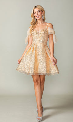 A woman wearing the Shoulder-Bow Short Glitter Homecoming Dress 3363 with off-shoulder tulle sleeves and a corset lace-up back pairs it with silver peep-toe heels, standing against a plain background and smiling.