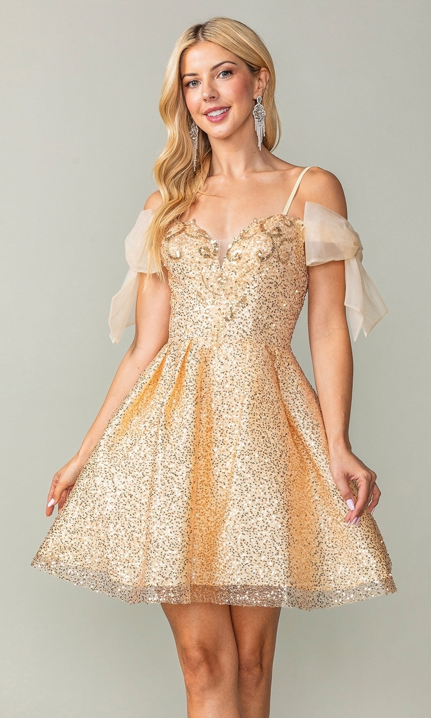 gold bow dress Short Glitter Homecoming Dress with Shoulder Bows– PromGirl