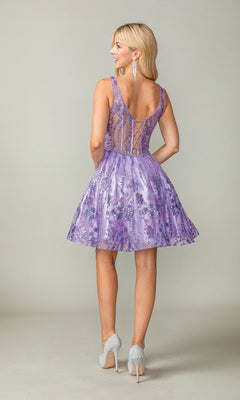 A woman faces away, wearing the Dancing Queen 3364 short glitter-print hoco dress with a sleeveless design, lace details, corset-style back, and silver high heels.