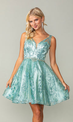 A woman models the Short Glitter-Print Hoco Dress: Dancing Queen 3364, a sleeveless light blue semi-formal dress with sequin embellishments, against a plain background.