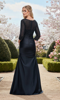 A woman stands on a gravel path outdoors, surrounded by blooming trees and manicured hedges, wearing the Long Prom Dress: La Femme 33659—a formal evening gown with a beaded bodice and satin floor-length skirt.