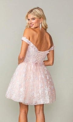 Off-Shoulder Short Homecoming Dress with Lace-Up Back Blush / 3XLarge
