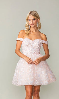 Off-Shoulder Short Homecoming Dress with Lace-Up Back Blush / 3XLarge Off-Shoulder Short Homecoming Dress with Lace-Up Back Blush / 3XLarge