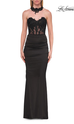 A woman wearing the La Femme 33696 Beaded-Lace-Choker Long Prom Dress in black, featuring a sleeveless beaded-lace corset bodice and a fitted, floor-length skirt—an elegant choice for prom.