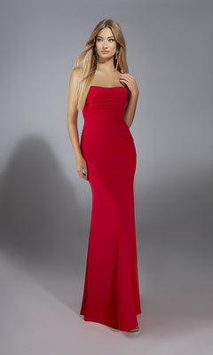 A woman poses against a gray background in the Long Prom Dress: Aerie Couture 336, featuring a strapless satin design with a fitted bodice and flowing skirt.