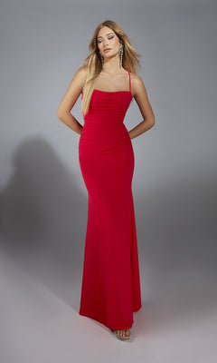 A woman models the Long Prom Dress: Aerie Couture 336—a fitted, floor-length satin gown with thin straps and a strappy open back—against a plain gray background.