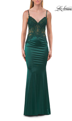 Woman wearing the La Femme 33709 Classic Long Satin Prom Dress in emerald, featuring thin straps, a beaded-lace bodice, and a fitted floor-length skirt.