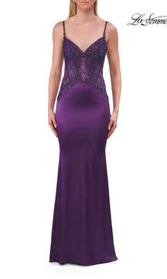 A woman wearing the La Femme 33709 Classic Long Satin Prom Dress in royal purple, featuring a floor-length silhouette, sleeveless design with thin straps, and a beaded-lace bodice for a fitted look.