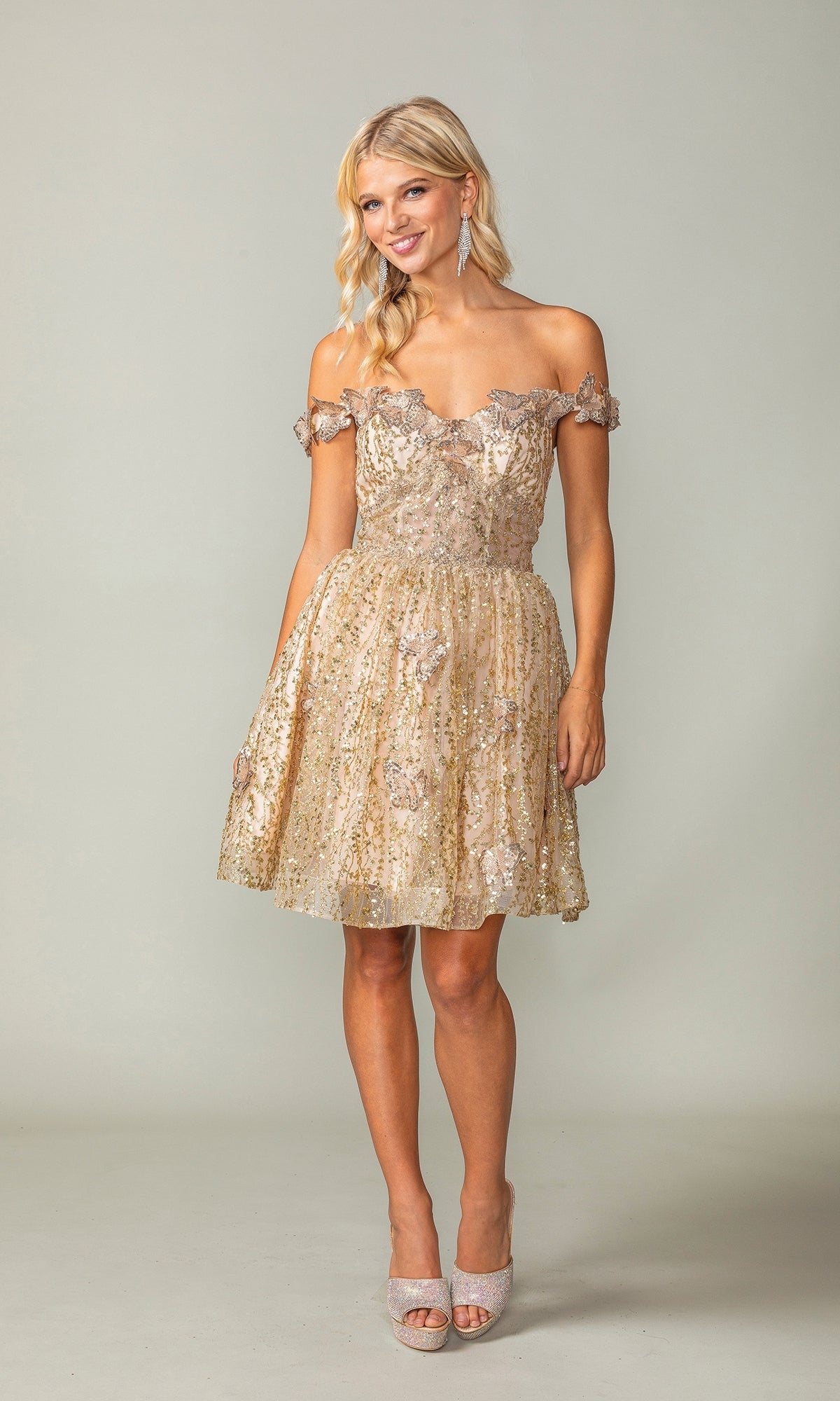 Short Gold Glitter Homecoming Dress with Butterflies