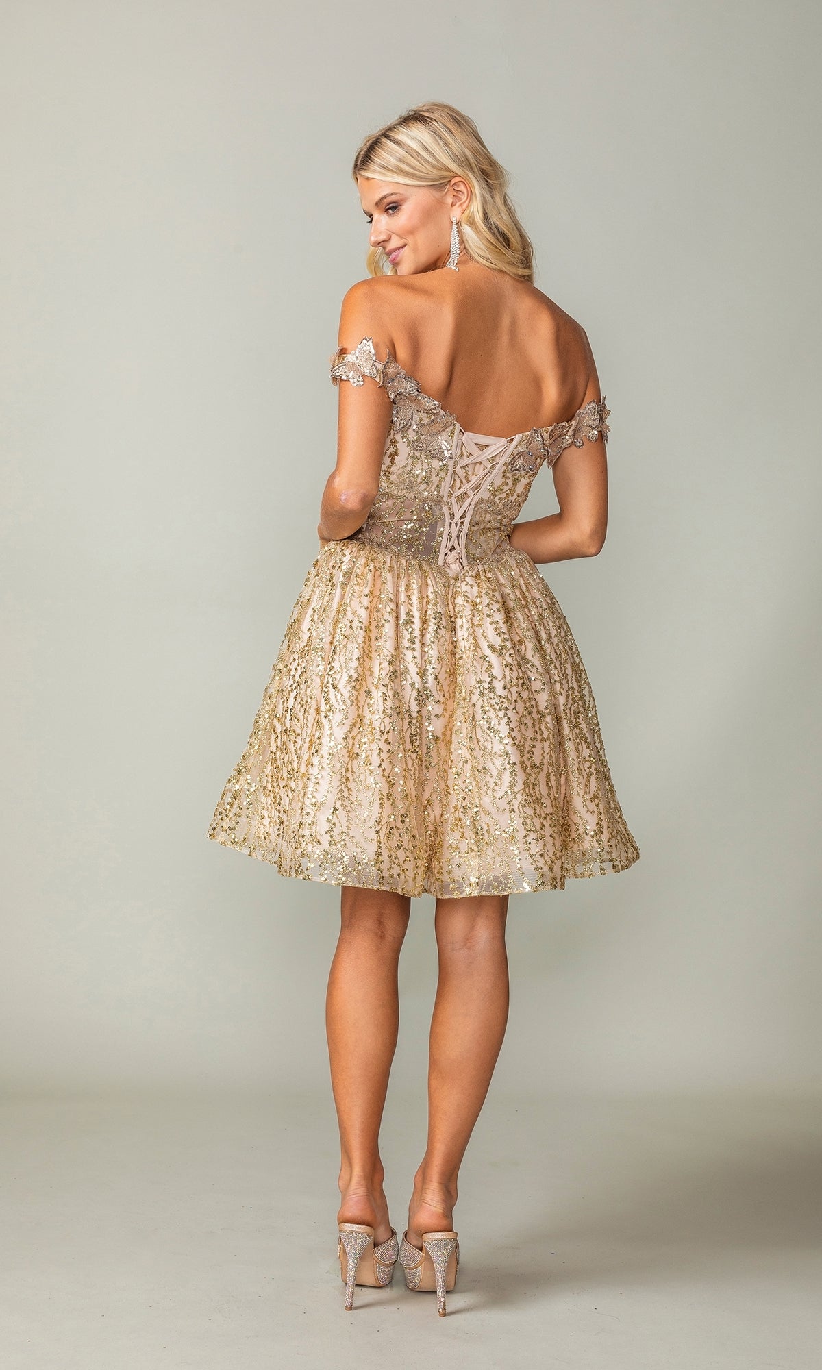 Short Gold Glitter Homecoming Dress with Butterflies. PromGirl Short Gold Glitter Homecoming Dress with Butterflies. PromGirl