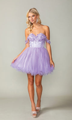 Woman wearing a purple short dress with floral details on a plain background