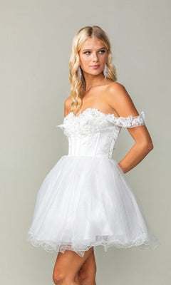 Woman wearing a white off-shoulder dress against a plain background