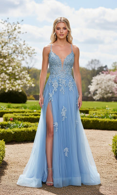 A woman stands outdoors in a garden, wearing the La Femme 33716 Lace-Embroidered Prom Ball Gown in Cloud Blue, featuring sleeveless design, floral lace details, and a thigh-high slit.